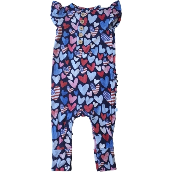 Posh Peanut Jumpsuit Short-sleeve Ruffle Blue Hearts Liberty Baby Girls 9-12 M - Picture 1 of 3